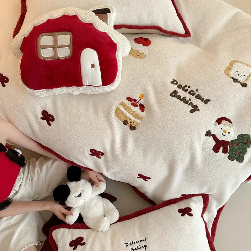 Red and white cartoon embroidered bedding set bedroom plush house