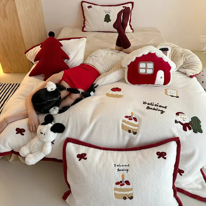Red and white cartoon embroidered bedding set bedroom plush house
