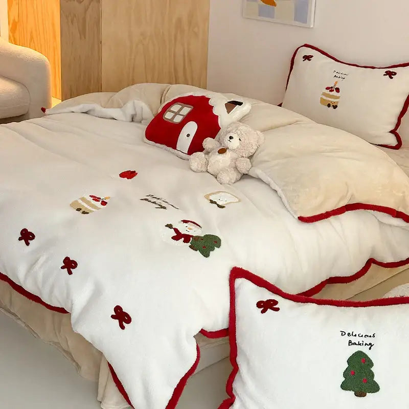 Red and white cartoon embroidered bedding set bedroom plush house