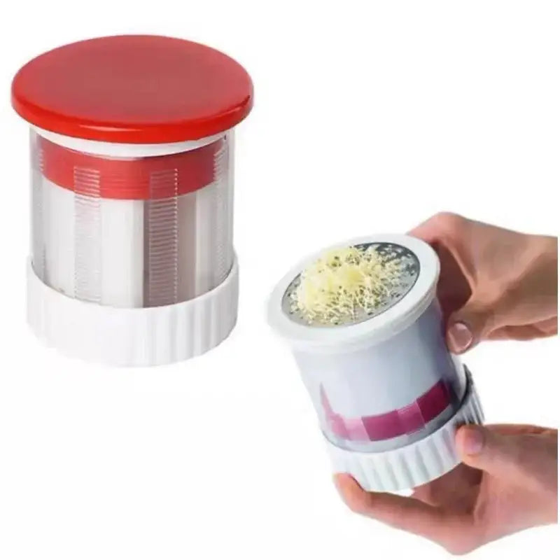 Red and white manual citrus juicer kitchen tool with measuring cup