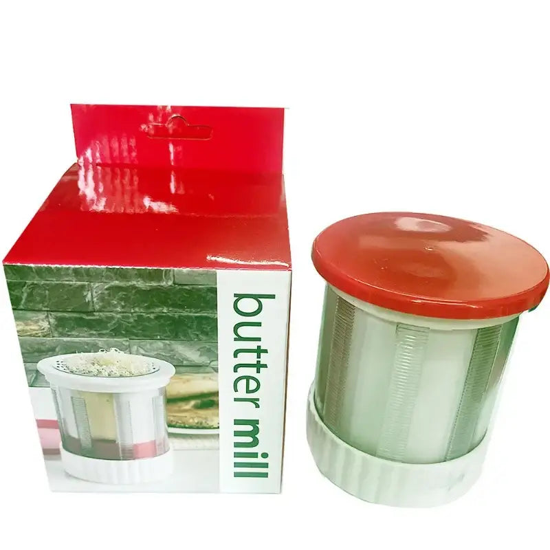 Red and white manual citrus juicer kitchen tool with measuring cup