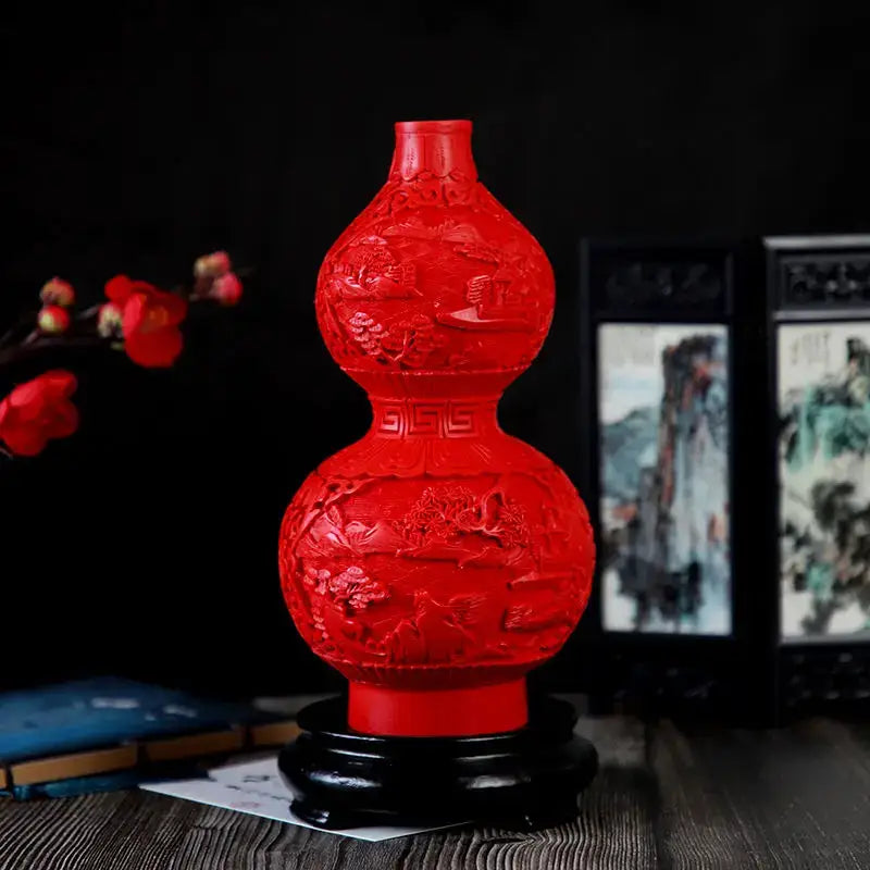 Red lacquerware flower auspicious vase living room dragon carving