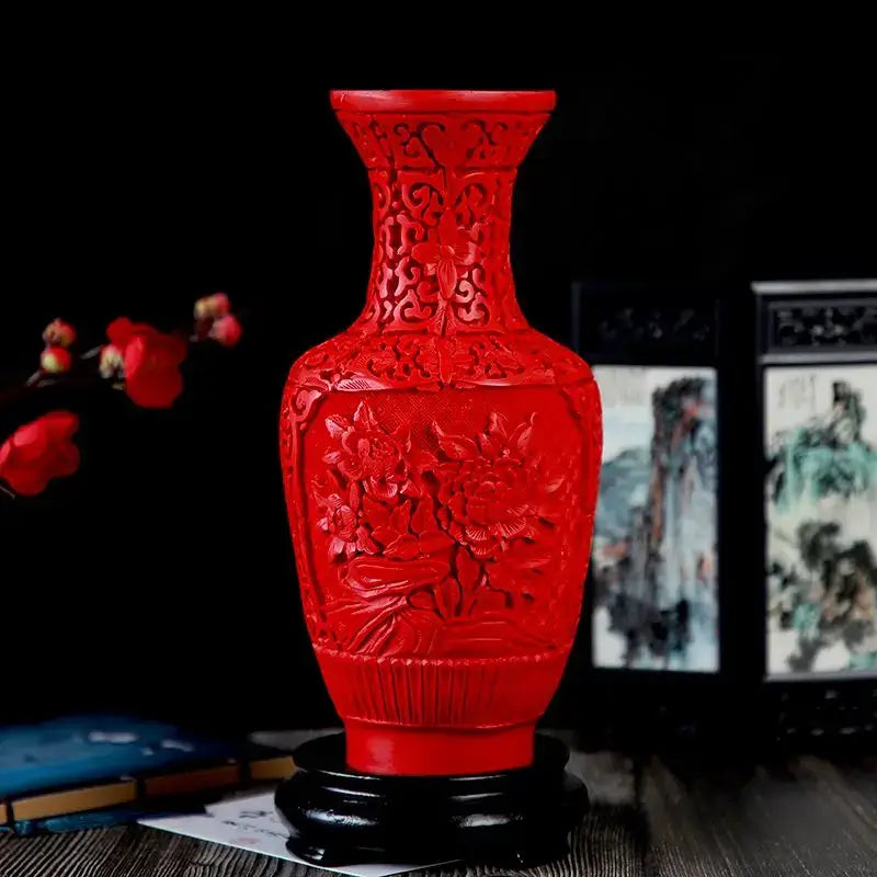 Red lacquerware flower auspicious vase living room dragon carving