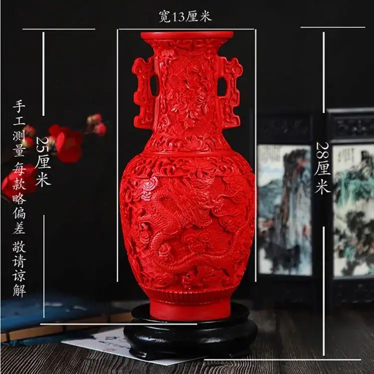 Red lacquerware flower auspicious vase living room dragon carving