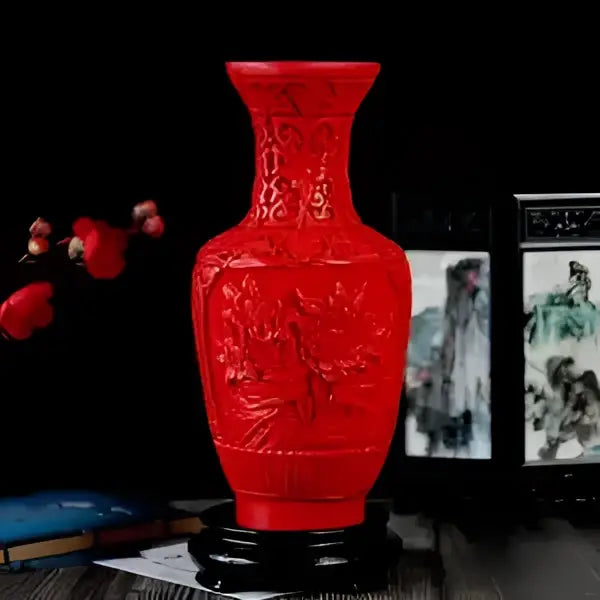 Red lacquerware flower auspicious vase living room dragon carving