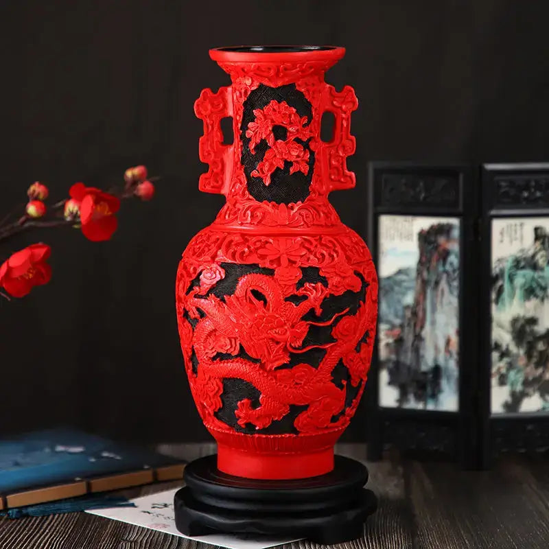 Red lacquerware flower auspicious vase living room dragon carving