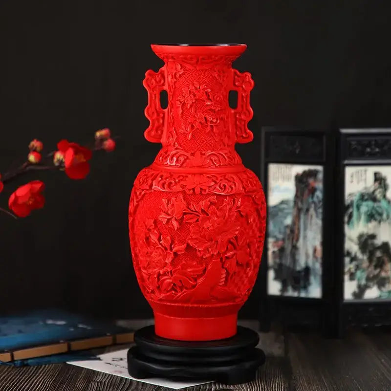 Red lacquerware flower auspicious vase living room dragon carving