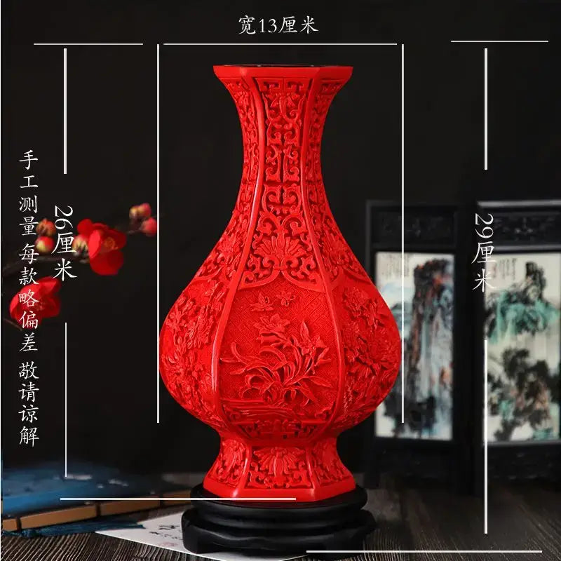 Red lacquerware flower auspicious vase living room dragon carving