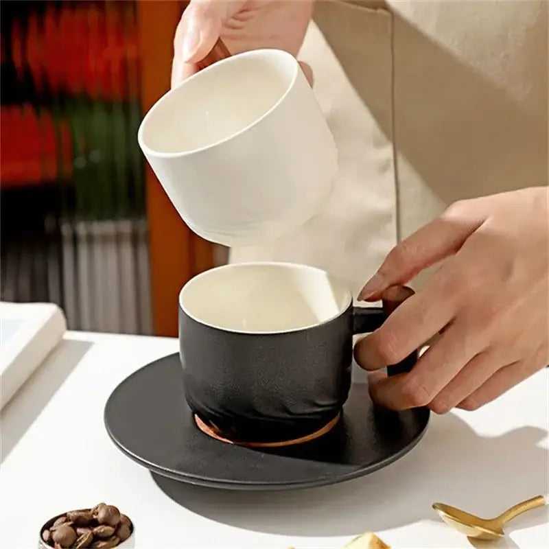 DecorBites™ 130ml Blue Ceramic Retro Coffee Cup with Saucer, Wooden Handle