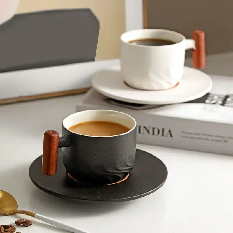 DecorBites™ 130ml Blue Ceramic Retro Coffee Cup with Saucer, Wooden Handle