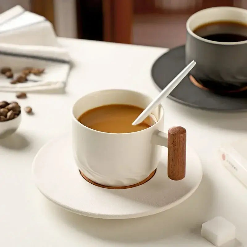 DecorBites™ 130ml Blue Ceramic Retro Coffee Cup with Saucer, Wooden Handle