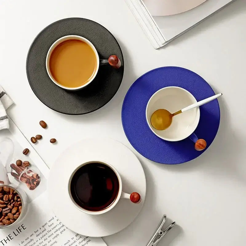 DecorBites™ 130ml Blue Ceramic Retro Coffee Cup with Saucer, Wooden Handle