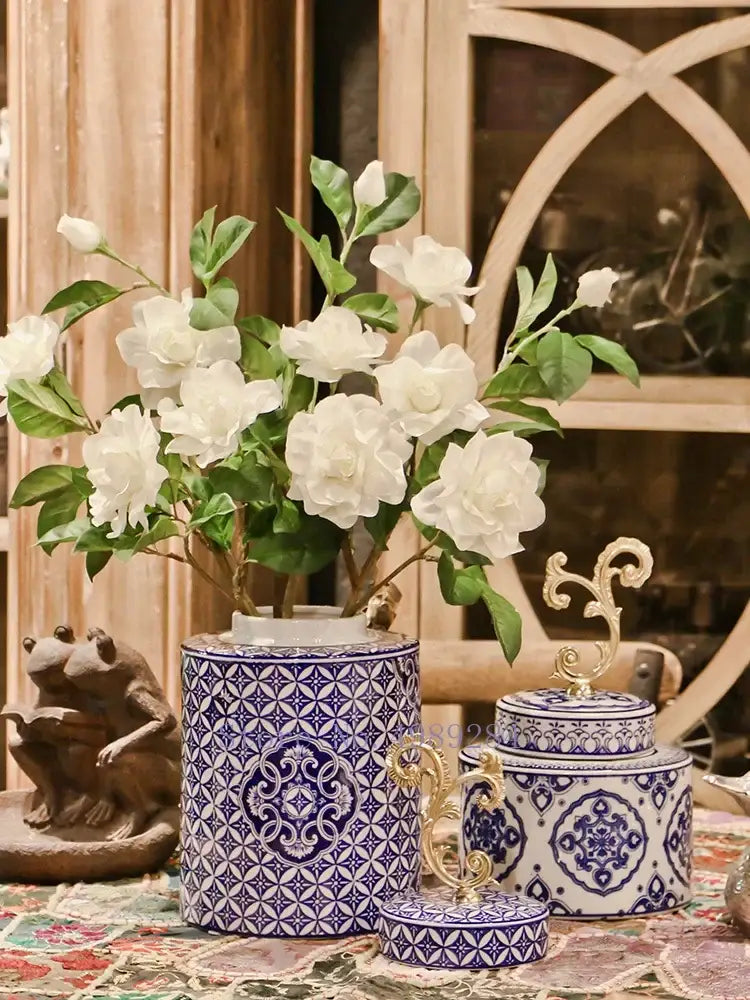 DecorBites™ Blue & White Porcelain Covered Vase Jar: Retro Chinese Home Decor Flower Arrangement & Organization