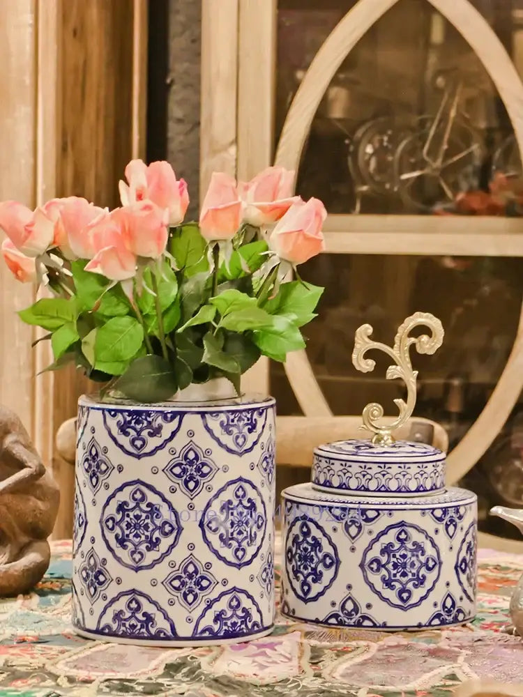 DecorBites™ Blue & White Porcelain Covered Vase Jar: Retro Chinese Home Decor Flower Arrangement & Organization