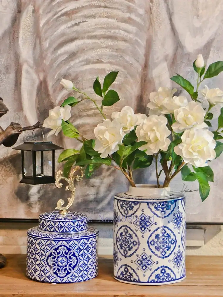 DecorBites™ Blue & White Porcelain Covered Vase Jar: Retro Chinese Home Decor Flower Arrangement & Organization
