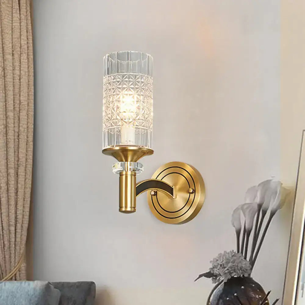 Retro brass gridded crystal wall light living room sconce