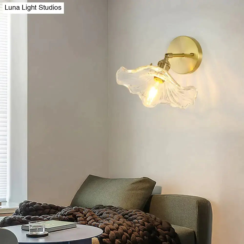 Retro copper flower brass wall sconce bedroom fluted glass light