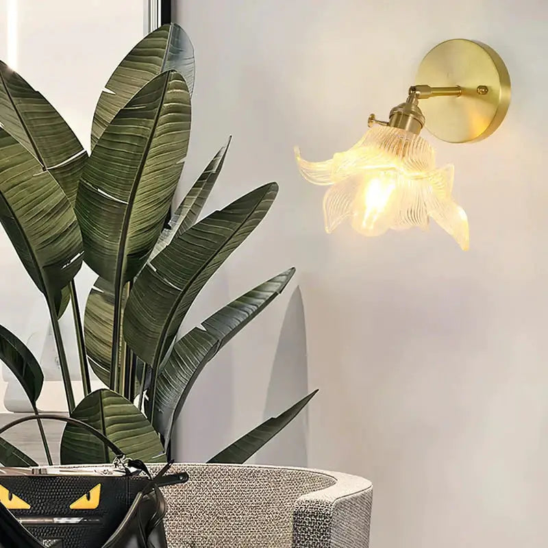 Retro copper flower brass wall sconce bedroom fluted glass light