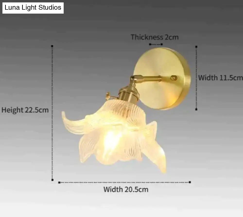 Retro copper flower brass wall sconce bedroom fluted glass light