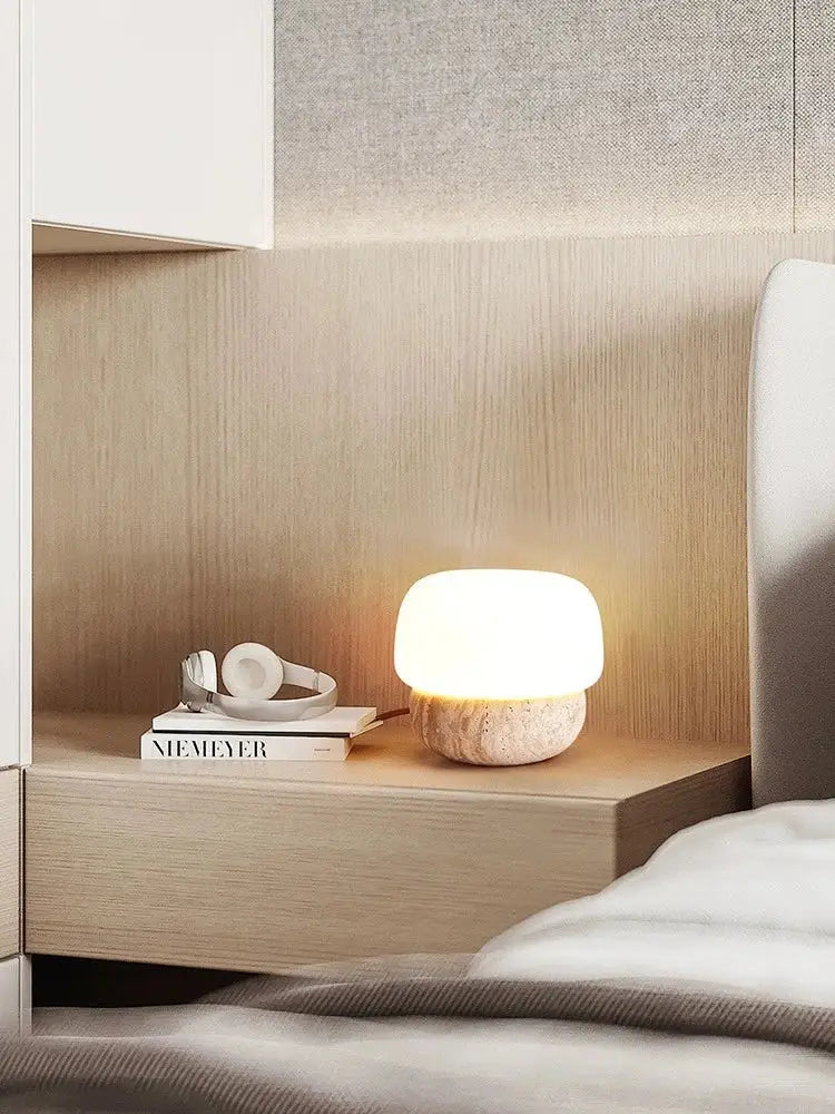 Retro cream mushroom table lamp – bedroom textured stone light