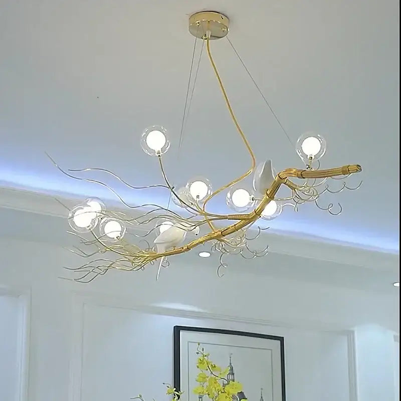 Retro gold bird nest led chandelier dining room glass globe light