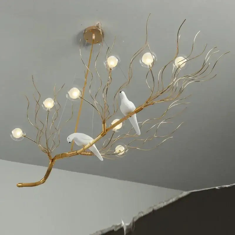 Retro gold bird nest led chandelier dining room glass globe light