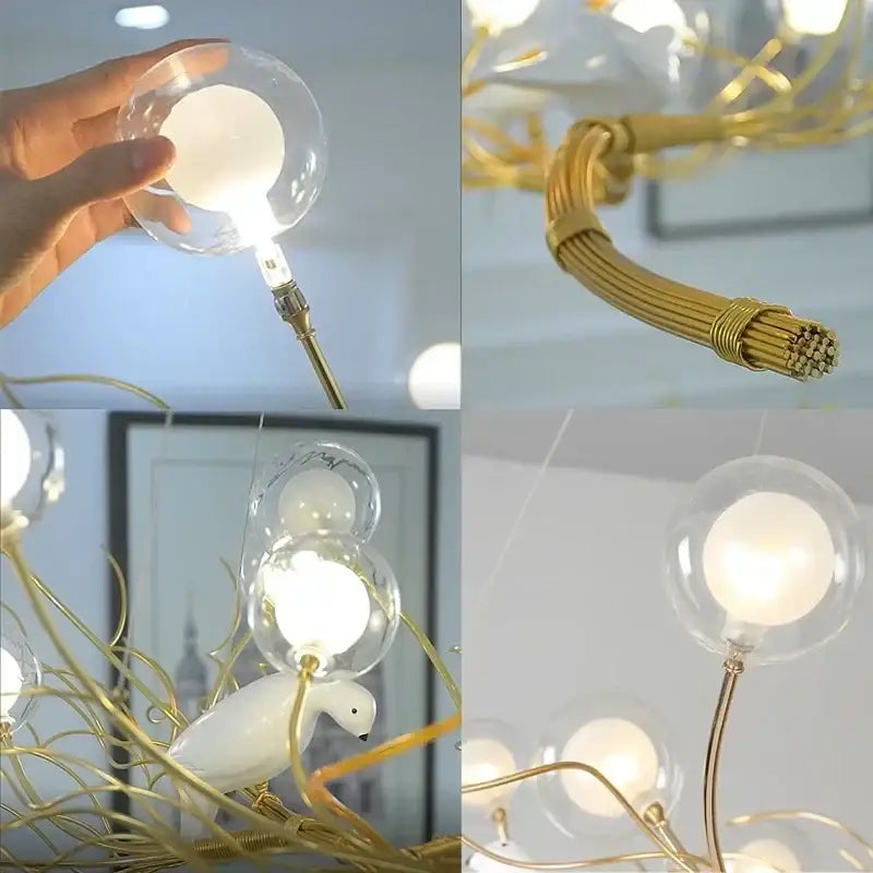 Retro gold bird nest led chandelier dining room glass globe light