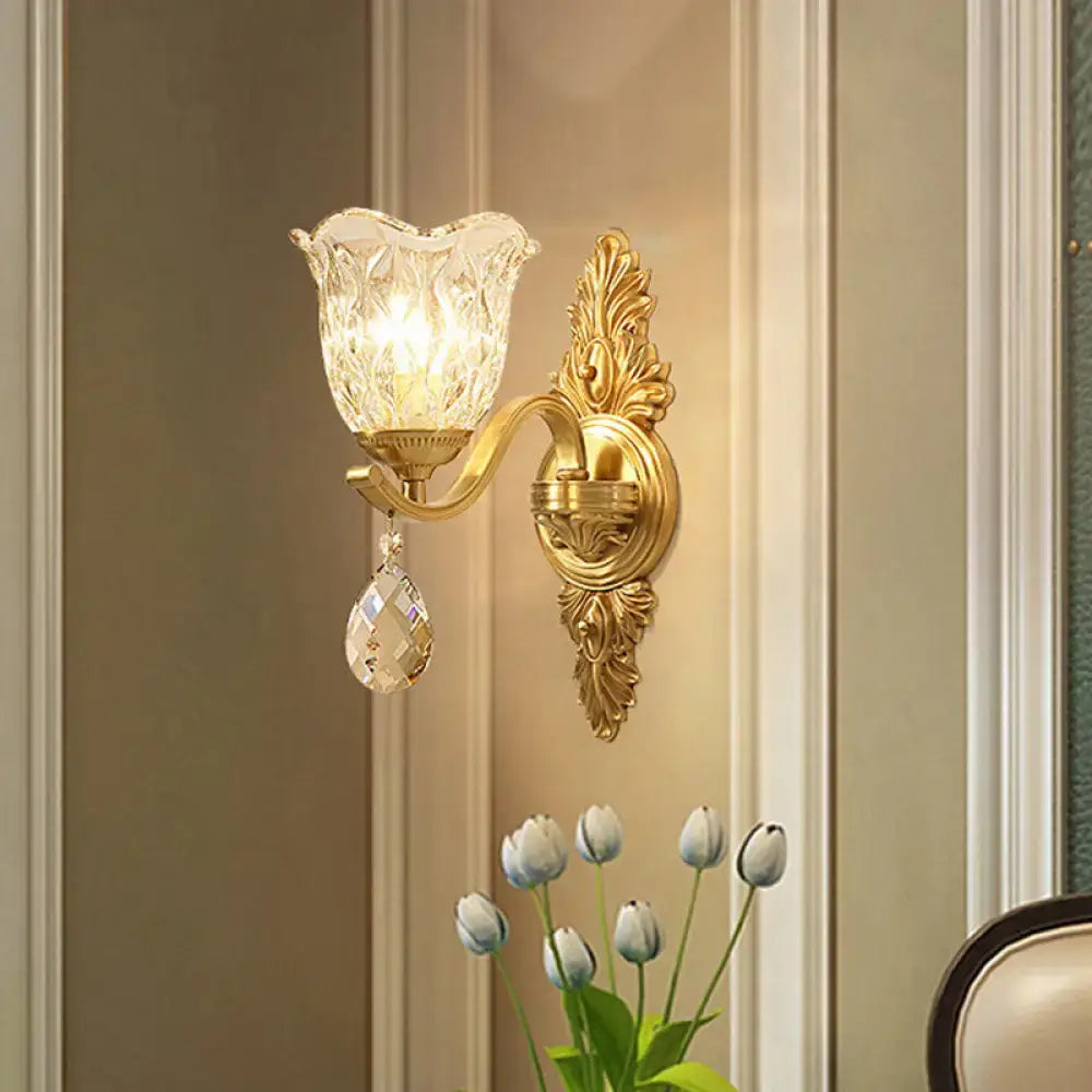 DecorBites™ Retro Crystal Flower Wall Lamp - 1 Light Gold Flush Sconce for Living Room