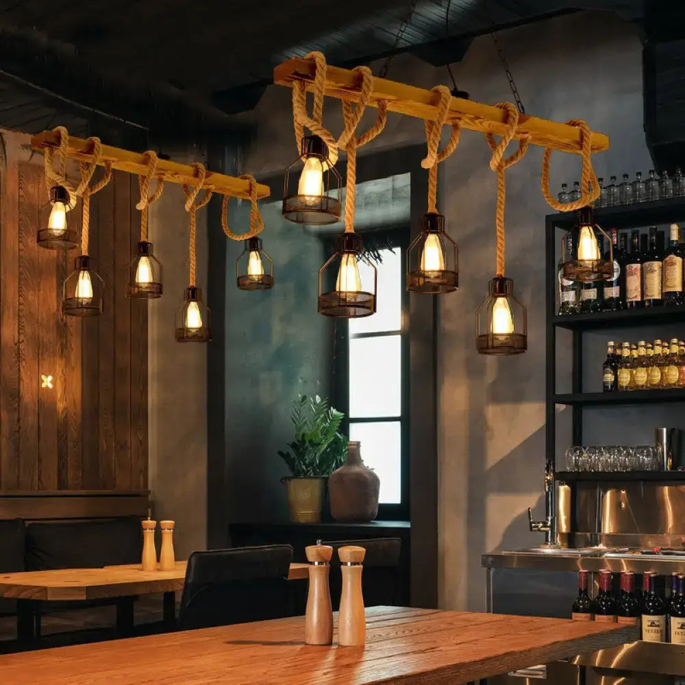 Retro industrial brown 5-head hanging light with adjustable rope dining room chandelier