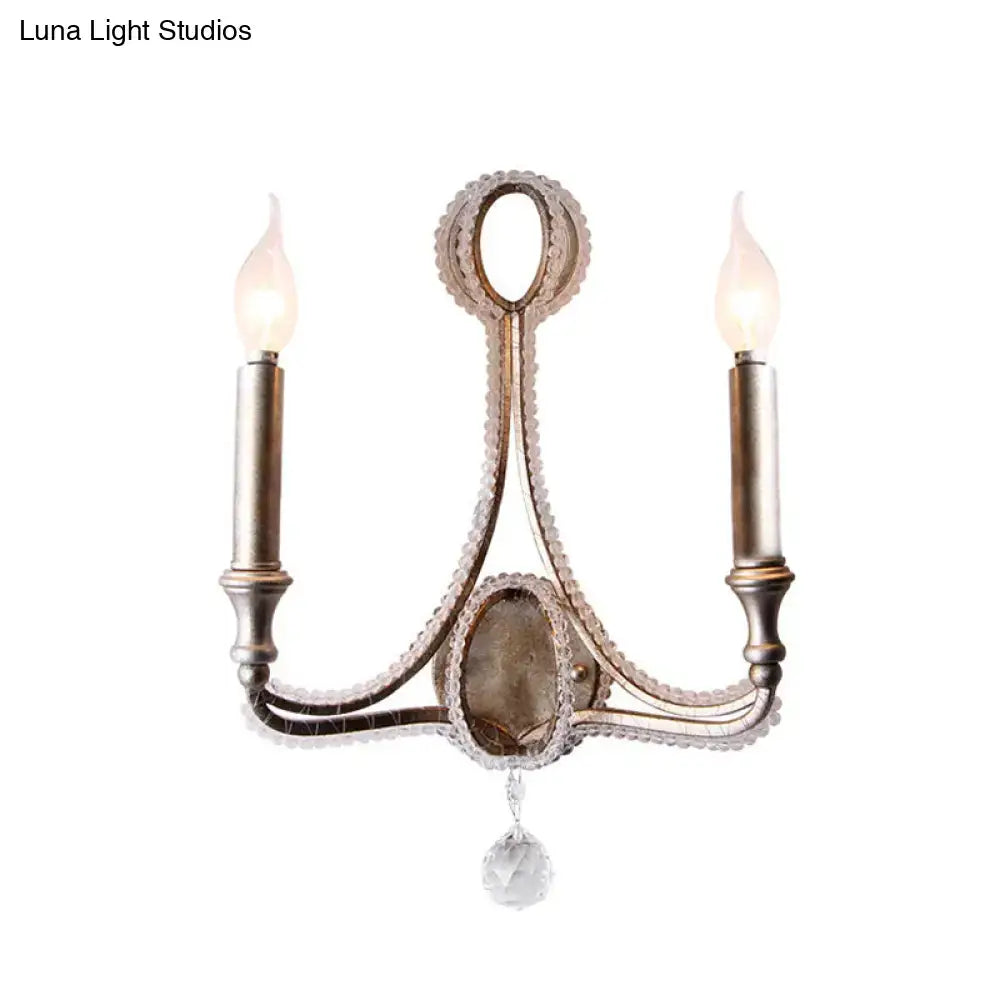 Retro loft fabric aged silver wall light bedroom crystal sconce