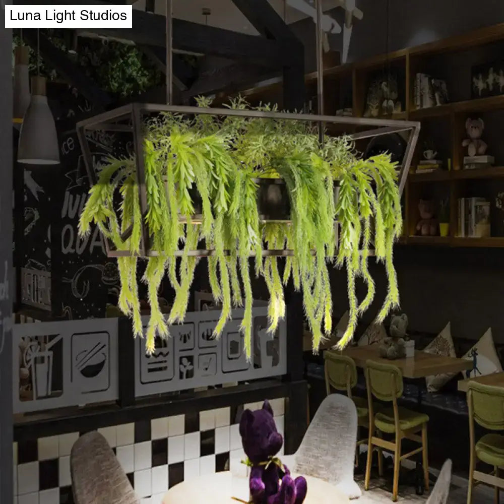 DecorBites™ Retro Metal 2-Headed Black LED Drop Lamp for Restaurant Island Ceiling - Trapezoid Design with Plant Decor