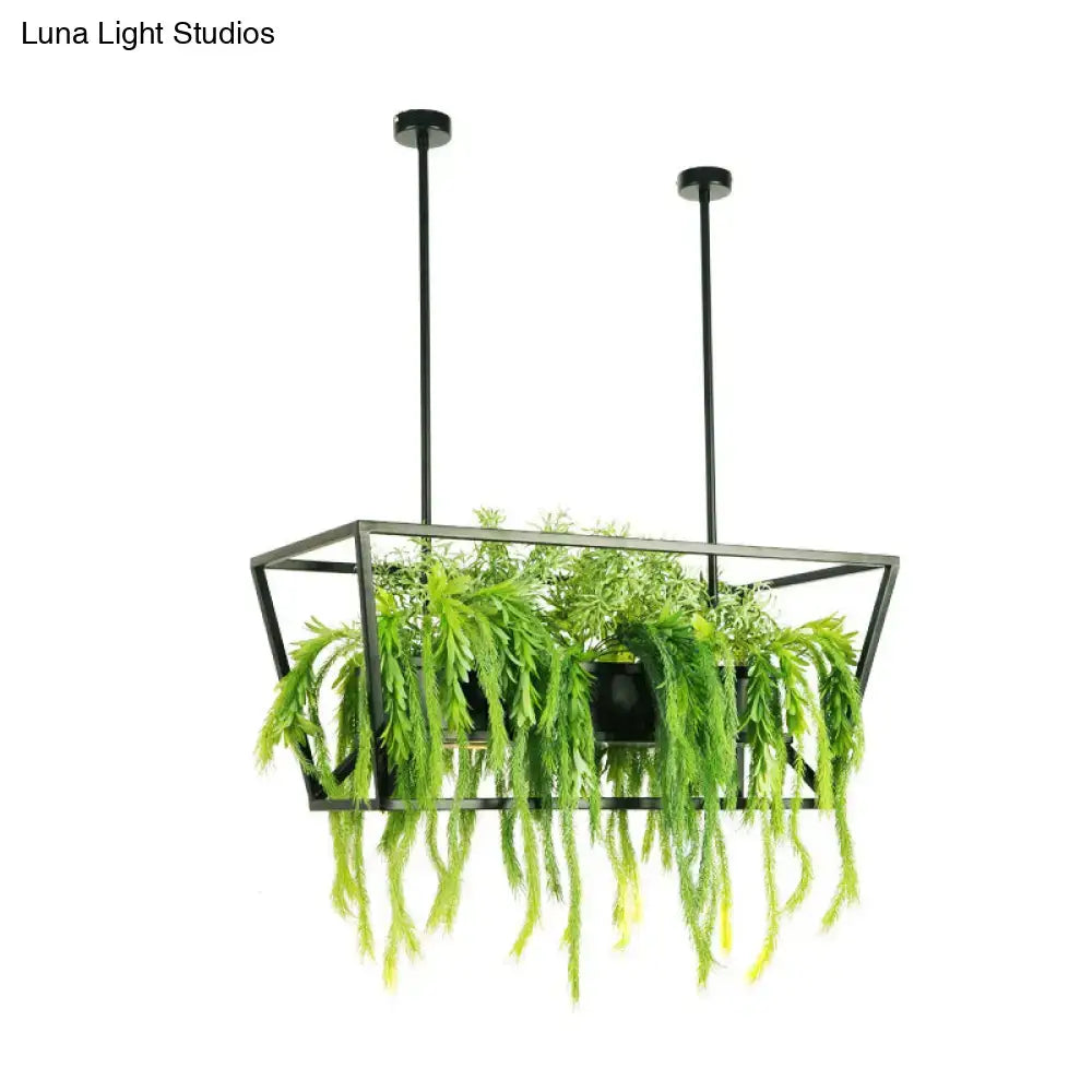 DecorBites™ Retro Metal 2-Headed Black LED Drop Lamp for Restaurant Island Ceiling - Trapezoid Design with Plant Decor