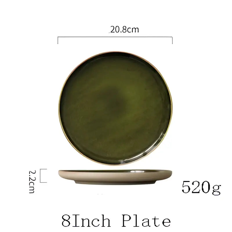 DecorBites™ Green Ceramic Dinner Plate - Retro Shallow Pasta Plate, Salad Sushi Plate, Steak Plate - Set of 4