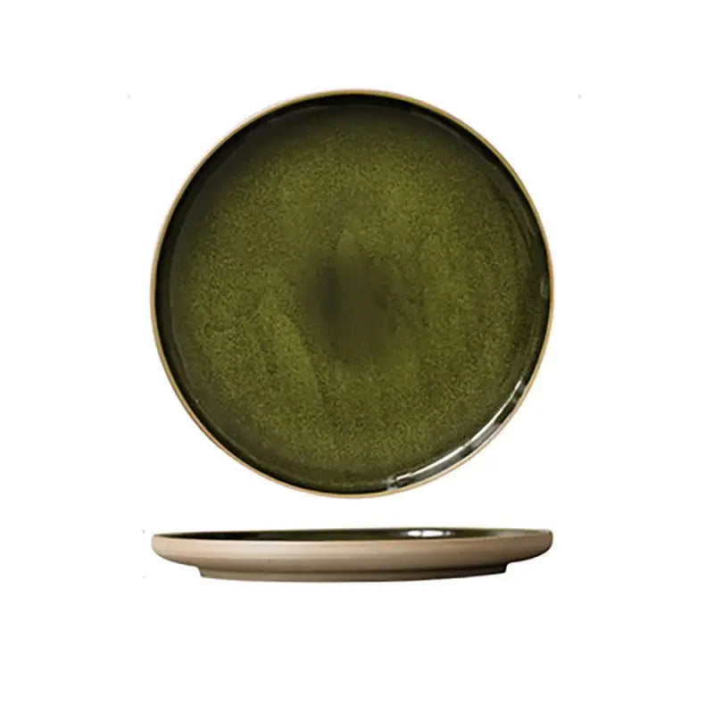 DecorBites™ Green Ceramic Dinner Plate - Retro Shallow Pasta Plate, Salad Sushi Plate, Steak Plate - Set of 4
