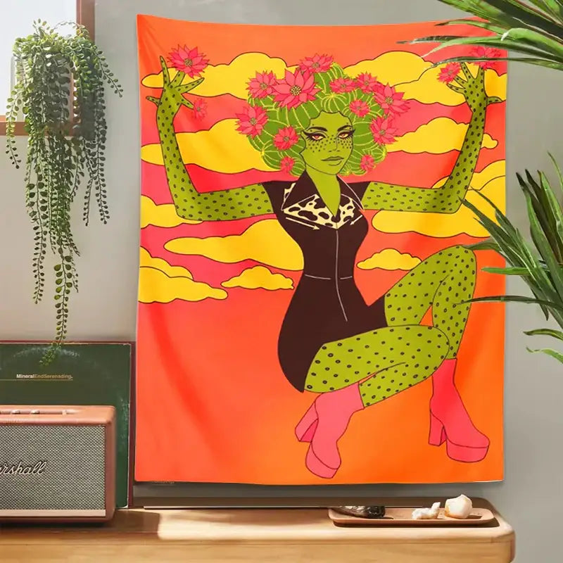 DecorBites™ Cactus Girl Tapestry Wall Hanging 60s Flower Psychedelic Retro Boho Decor