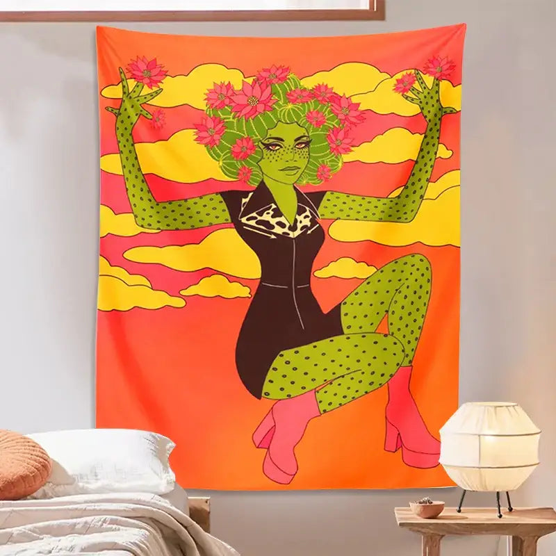 DecorBites™ Cactus Girl Tapestry Wall Hanging 60s Flower Psychedelic Retro Boho Decor