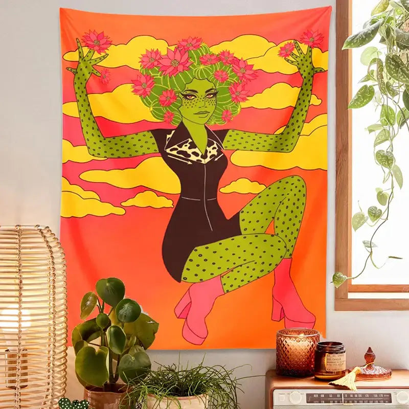 DecorBites™ Cactus Girl Tapestry Wall Hanging 60s Flower Psychedelic Retro Boho Decor