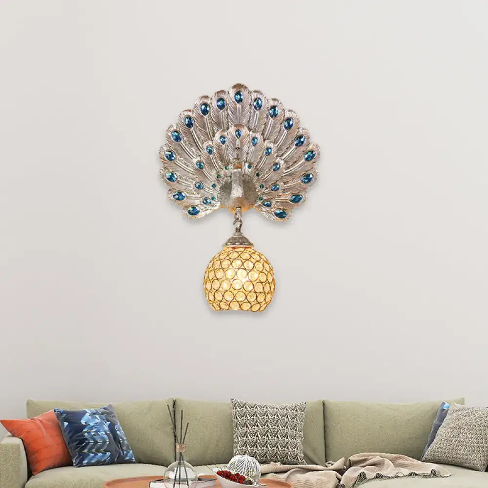 Retro peacock silver & white wall lamp living room clear crystal