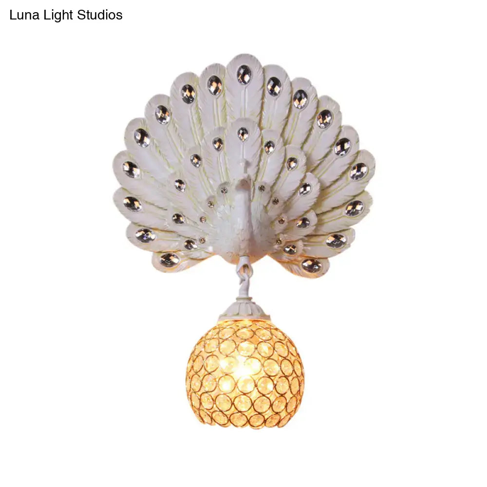 Retro peacock silver & white wall lamp living room clear crystal
