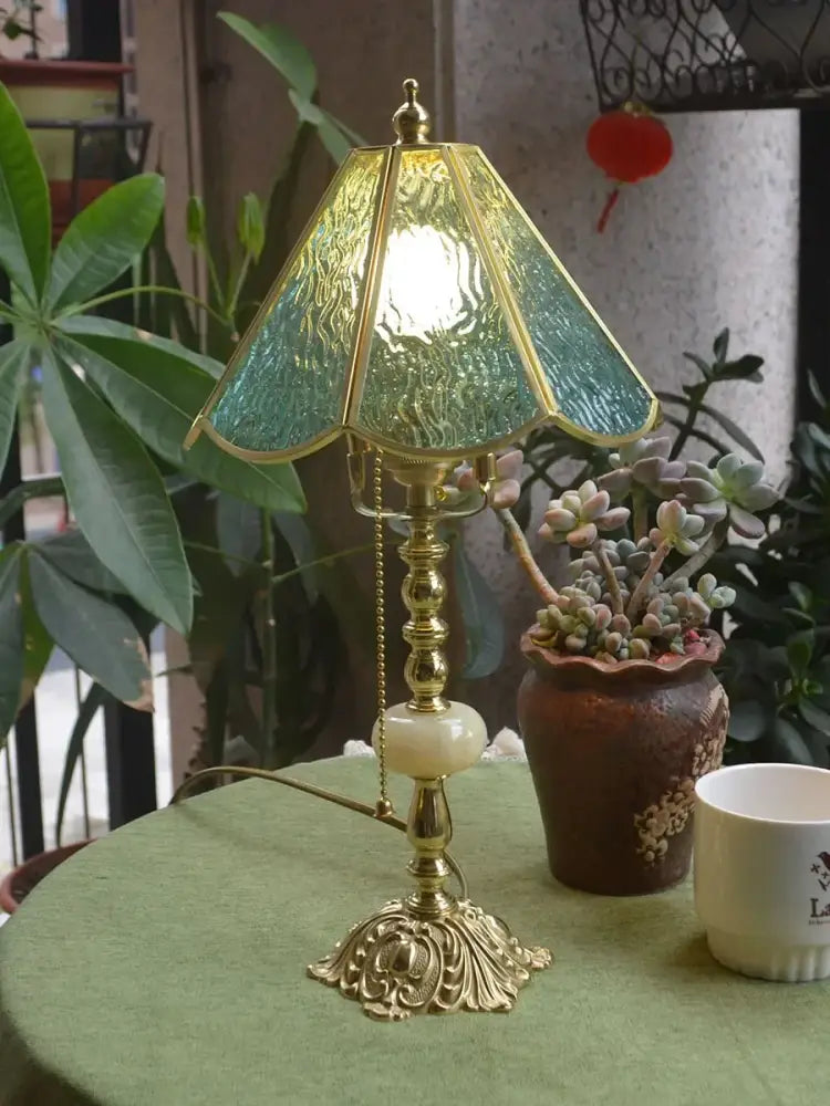 Retro pink stained glass brass desk lamp bedroom vintage light