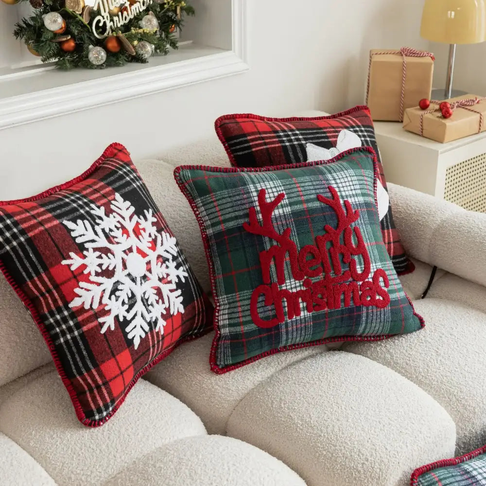 Retro red & green plaid snowflake jingle bell pillow case living room