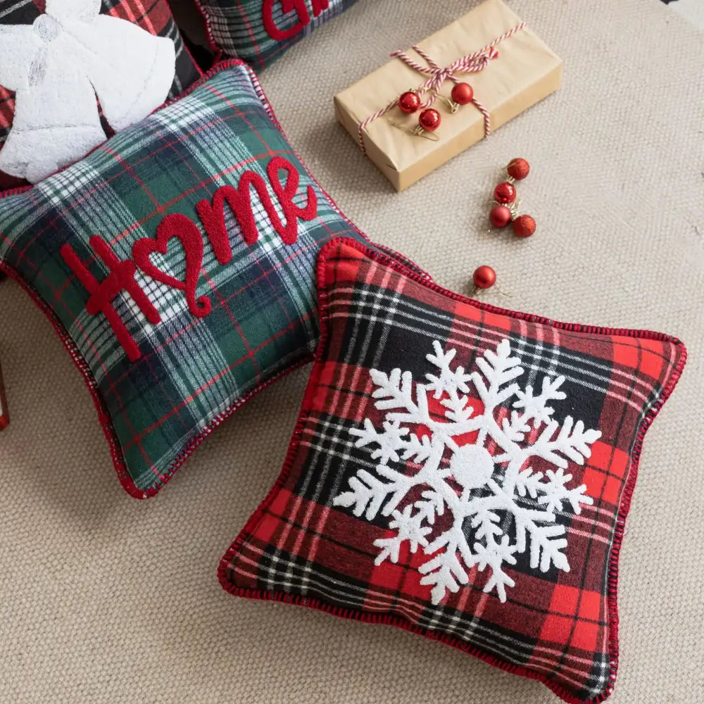 Retro red & green plaid snowflake jingle bell pillow case living room