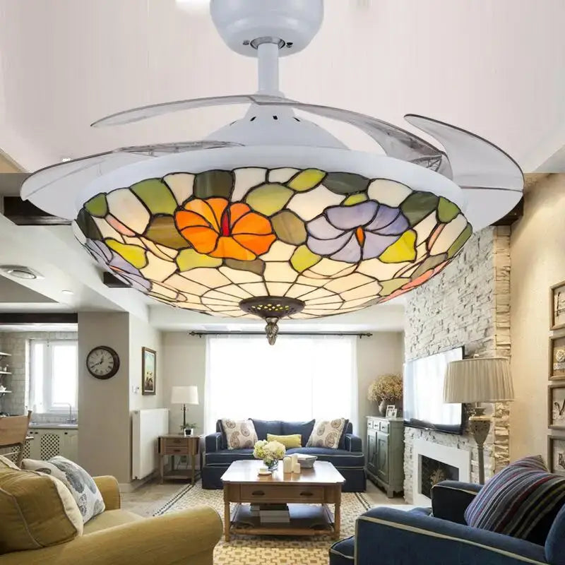 Retro stained glass white ceiling fan remote control dining room