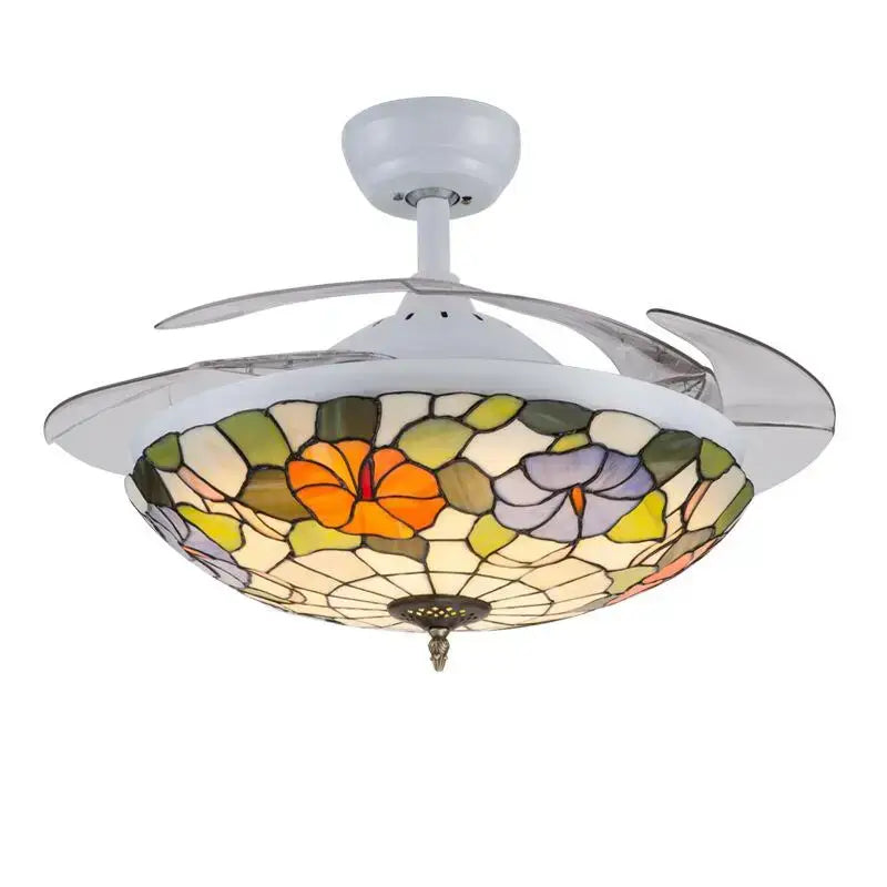 Retro stained glass white ceiling fan remote control dining room