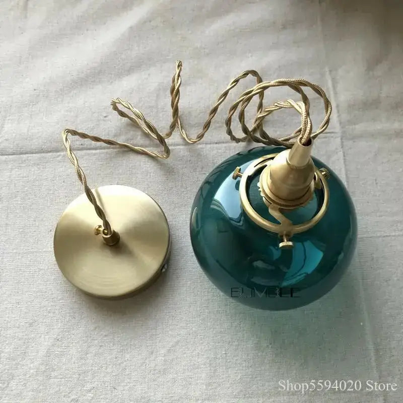 Retro teal and brass glass pendant chandelier bedroom hanging light