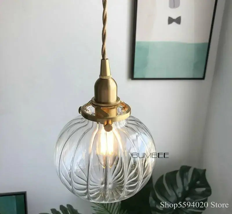 Retro teal and brass glass pendant chandelier bedroom hanging light