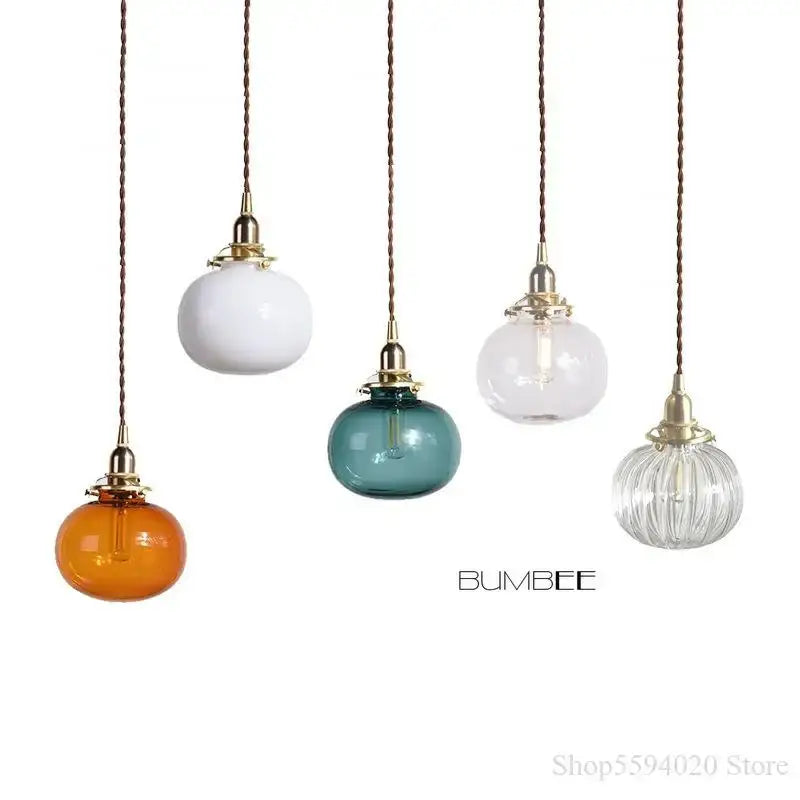 Retro teal and brass glass pendant chandelier bedroom hanging light