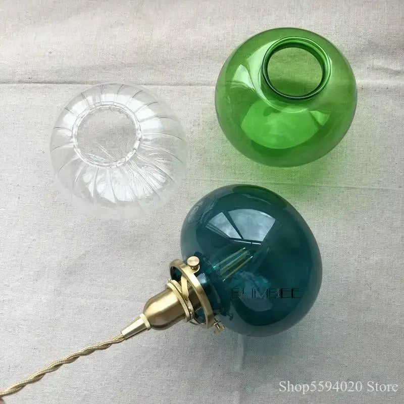 Retro teal and brass glass pendant chandelier bedroom hanging light