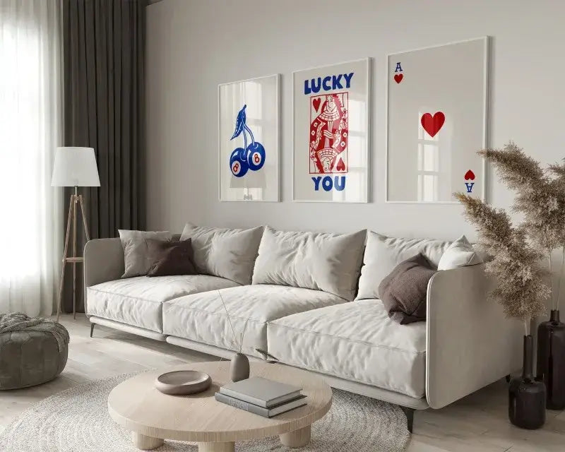 Retro blue and cream playing card wall art set living room decor
