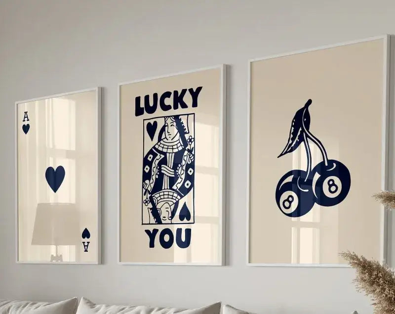 Retro blue and cream playing card wall art set living room decor